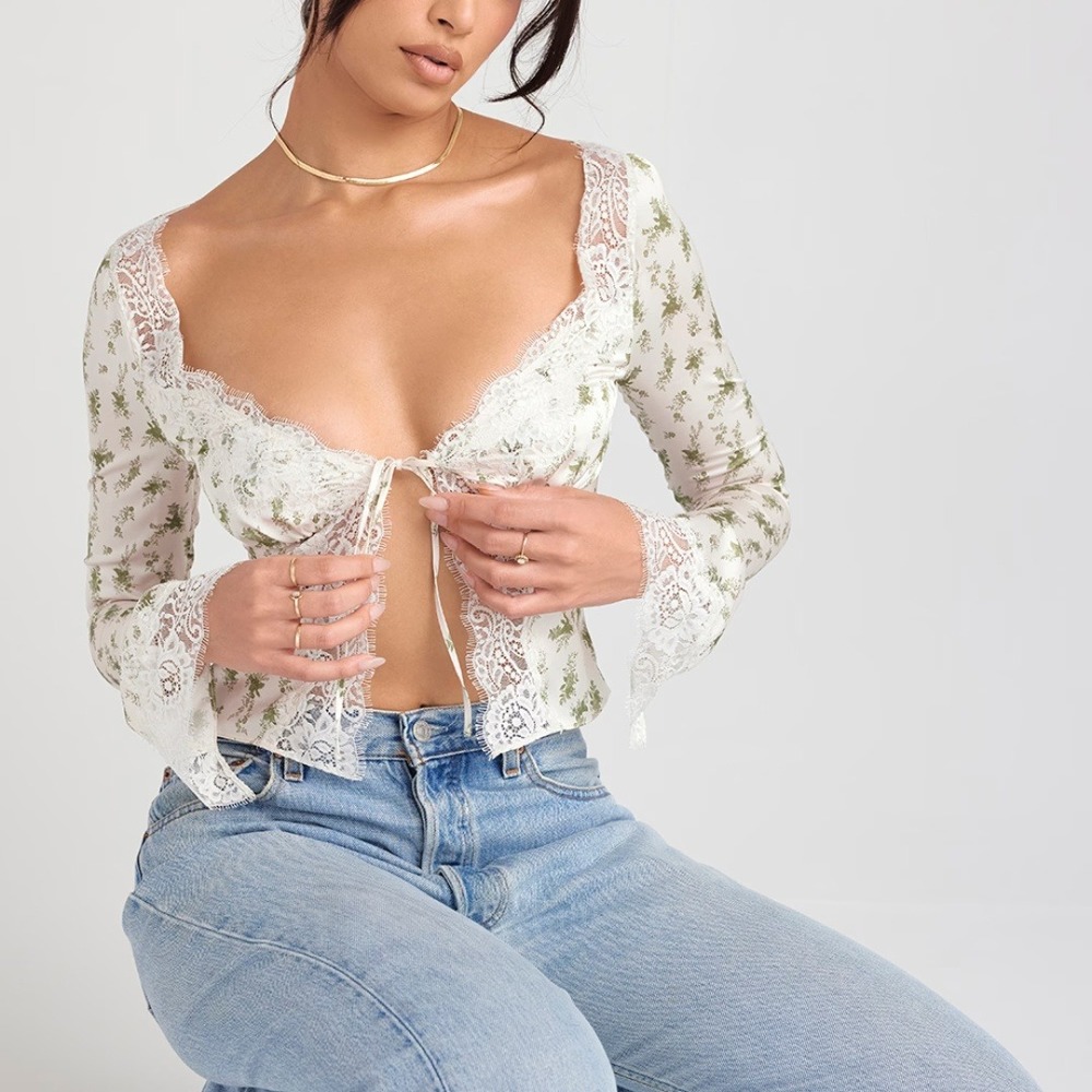 House of CB | Clarissa Garden Print Lace Trim Tie Front Top‎ in Ivory & Green
